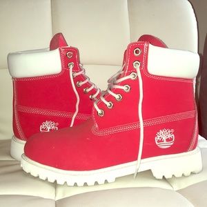 Red and white Timberland Boots